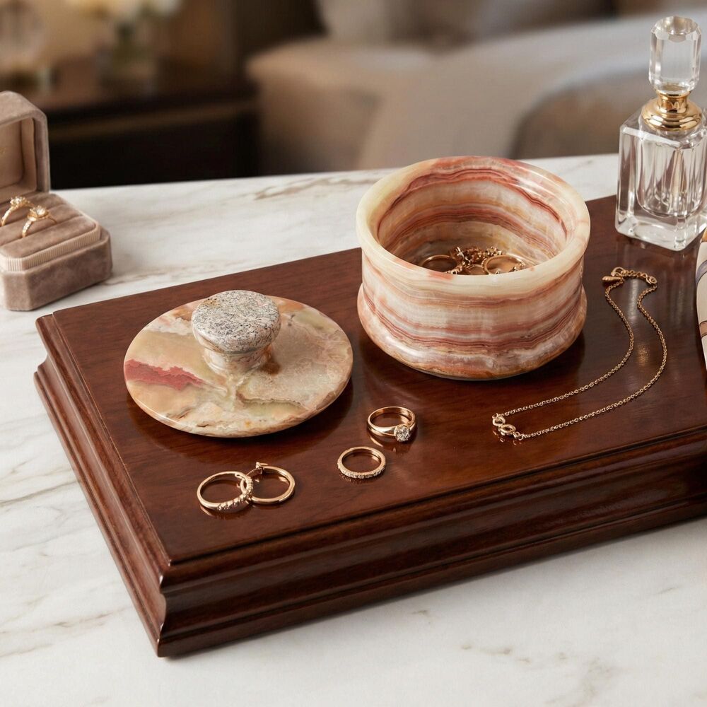 Hand Carved Onyx Jewelry Jar with Lid. Green & Brown Banded Stone Trinket Box